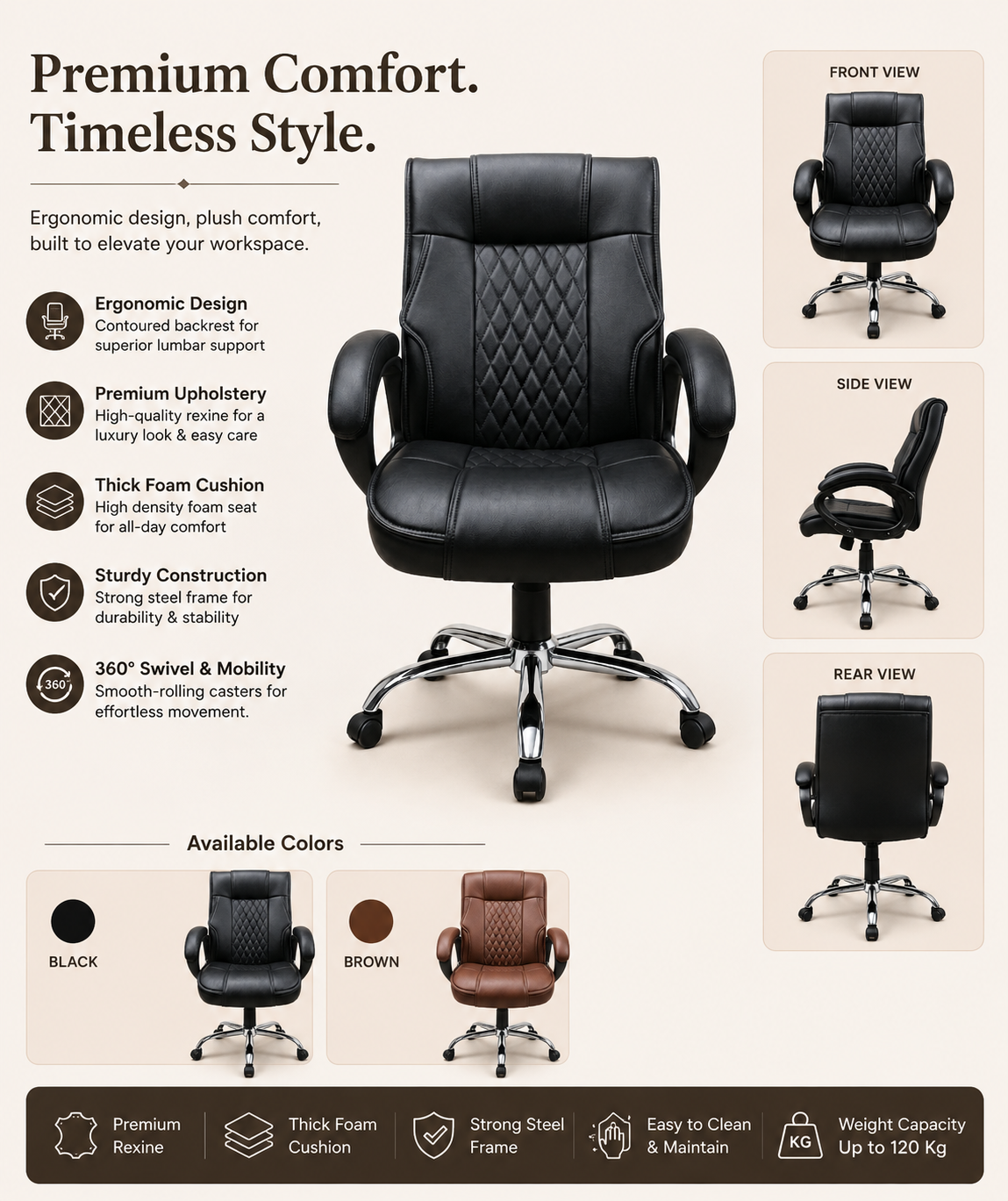 Executive Comfort Office Chair – Premium Rexine & Foam Cushion