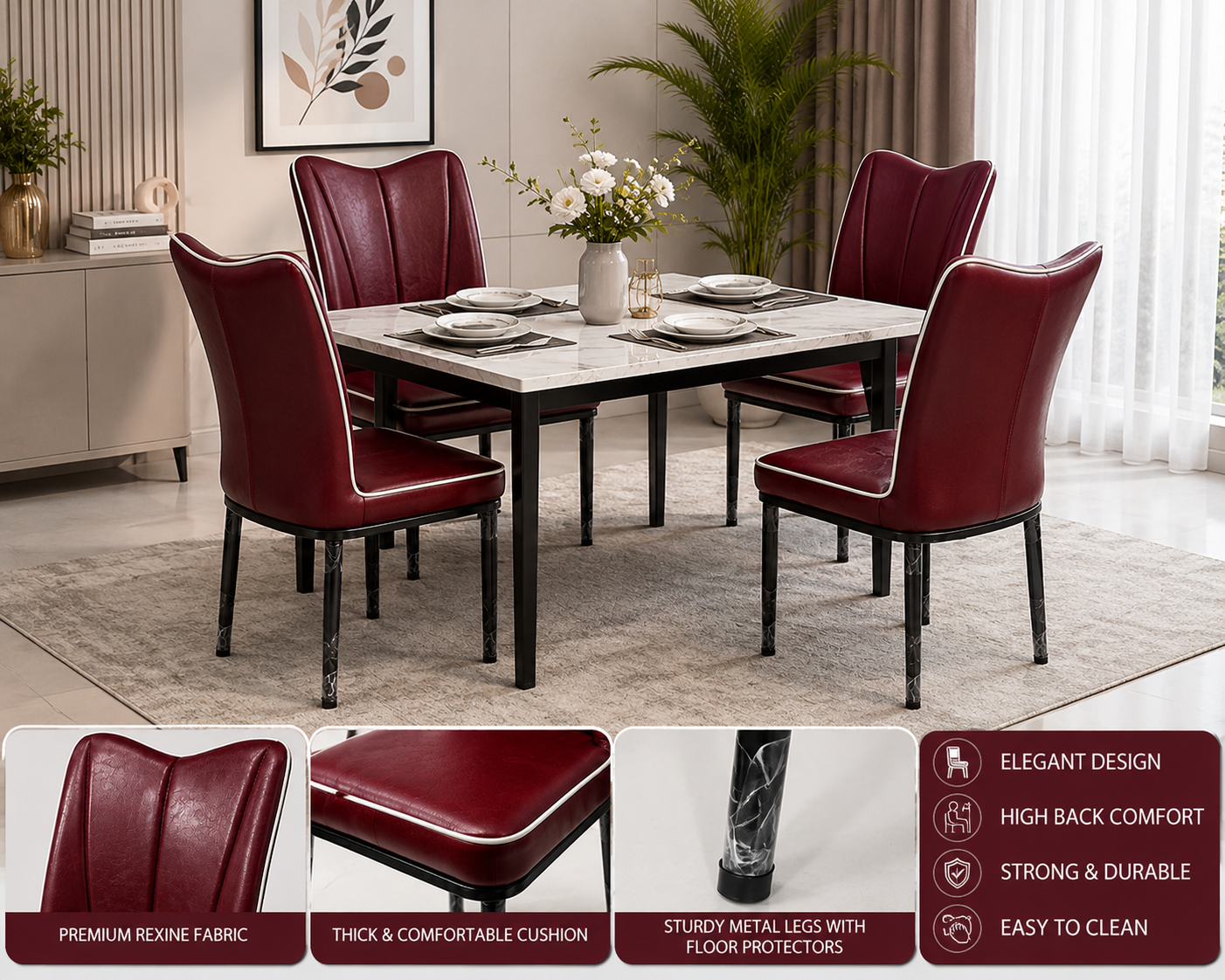 Luxury Maroon Dining Chair with Premium Rexine Upholstery