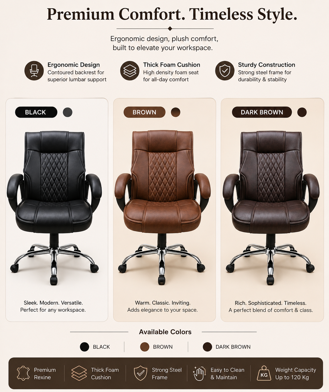 Executive Comfort Office Chair – Premium Rexine & Foam Cushion