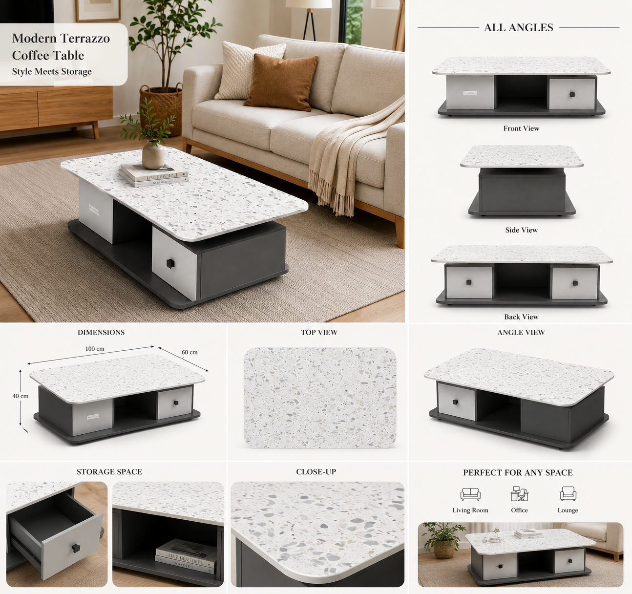 Modern Terrazzo Center Table with Storage Drawers | Cloud Furniture