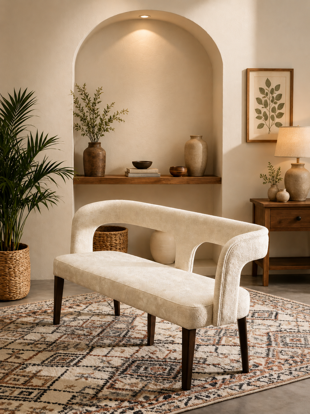 Modern Curved Accent Bench in Cream Boucle