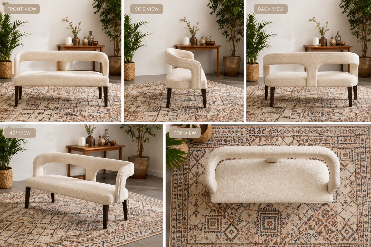 Modern Curved Accent Bench in Cream Boucle