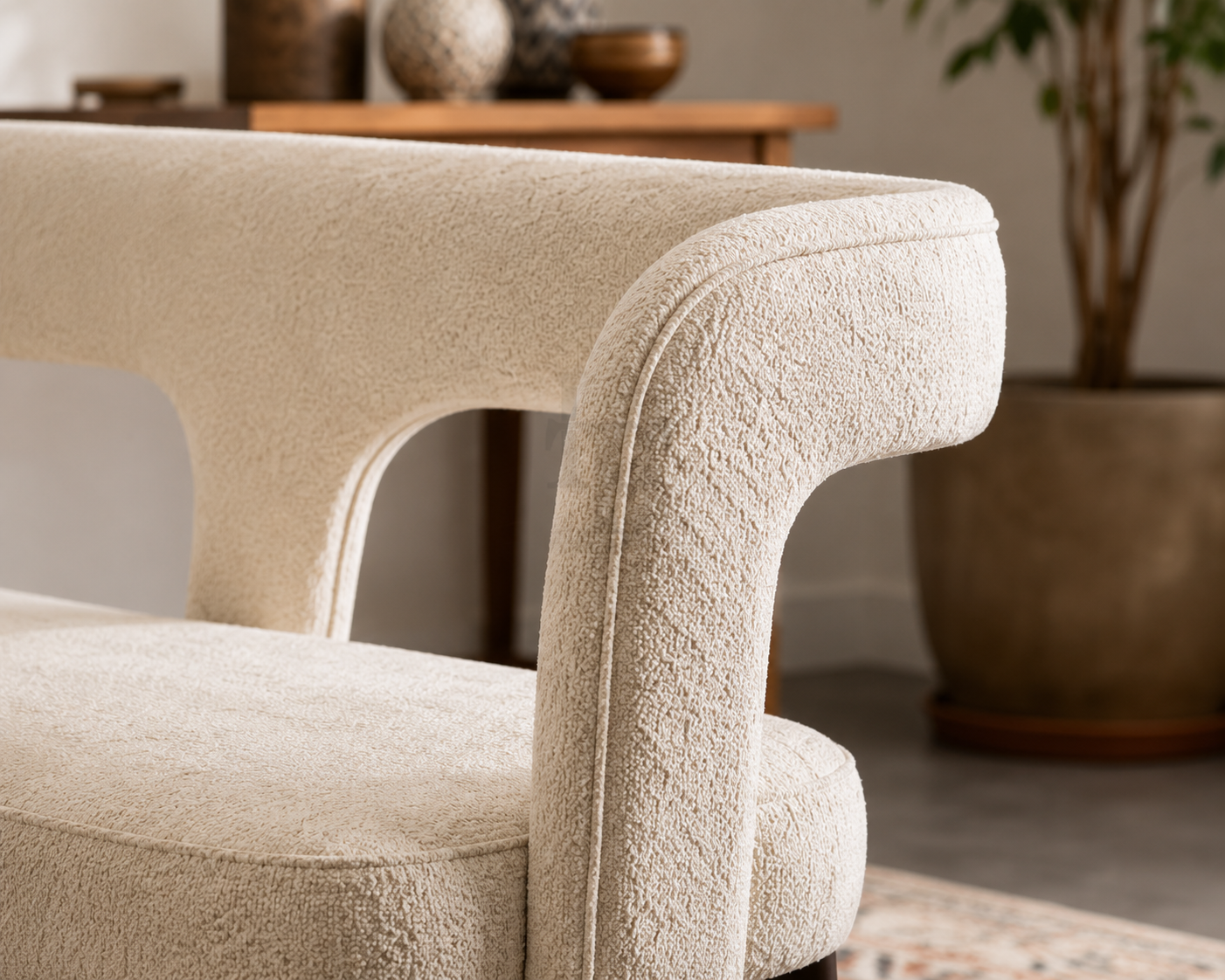 Modern Curved Accent Bench in Cream Boucle