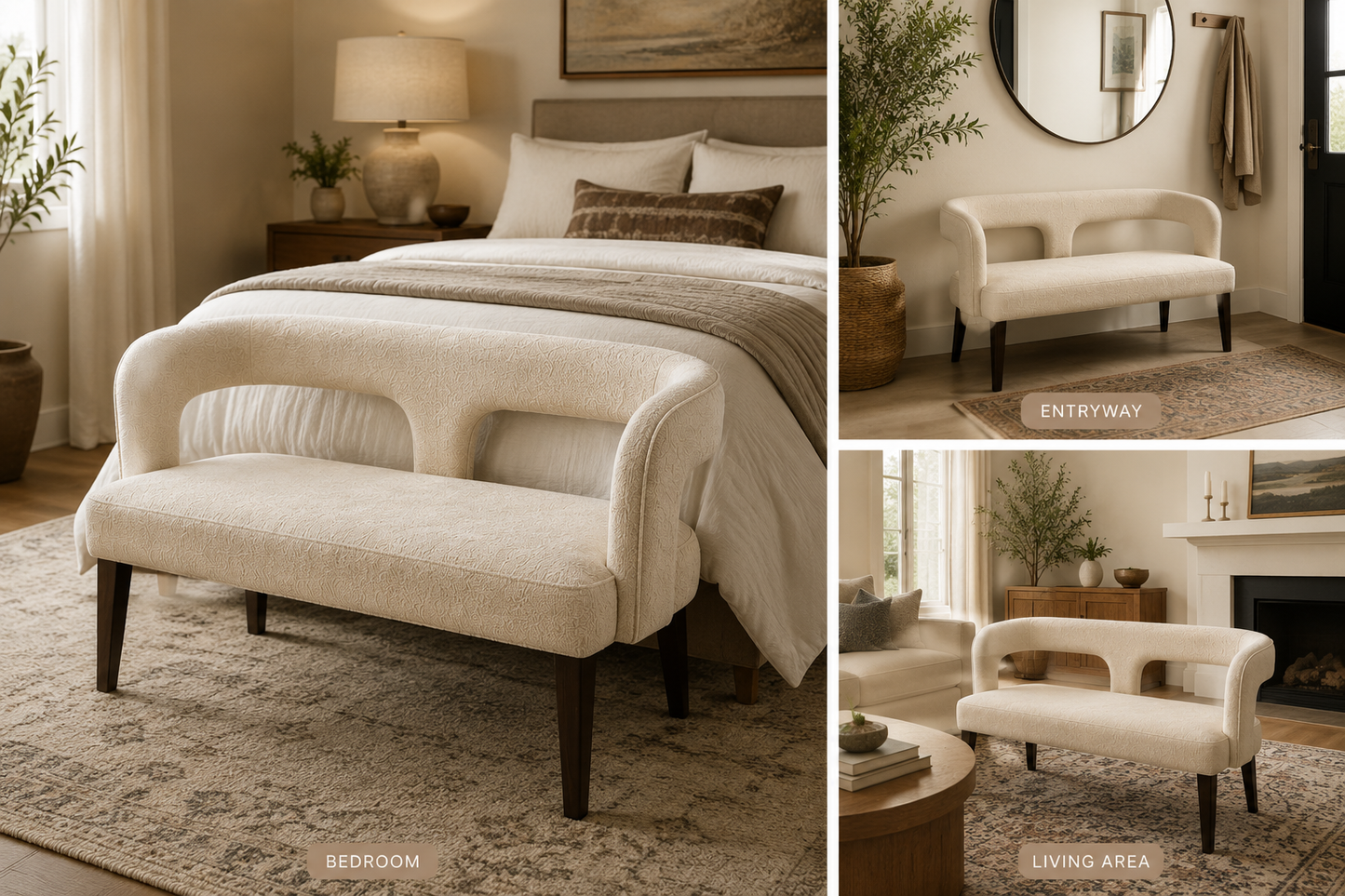Modern Curved Accent Bench in Cream Boucle