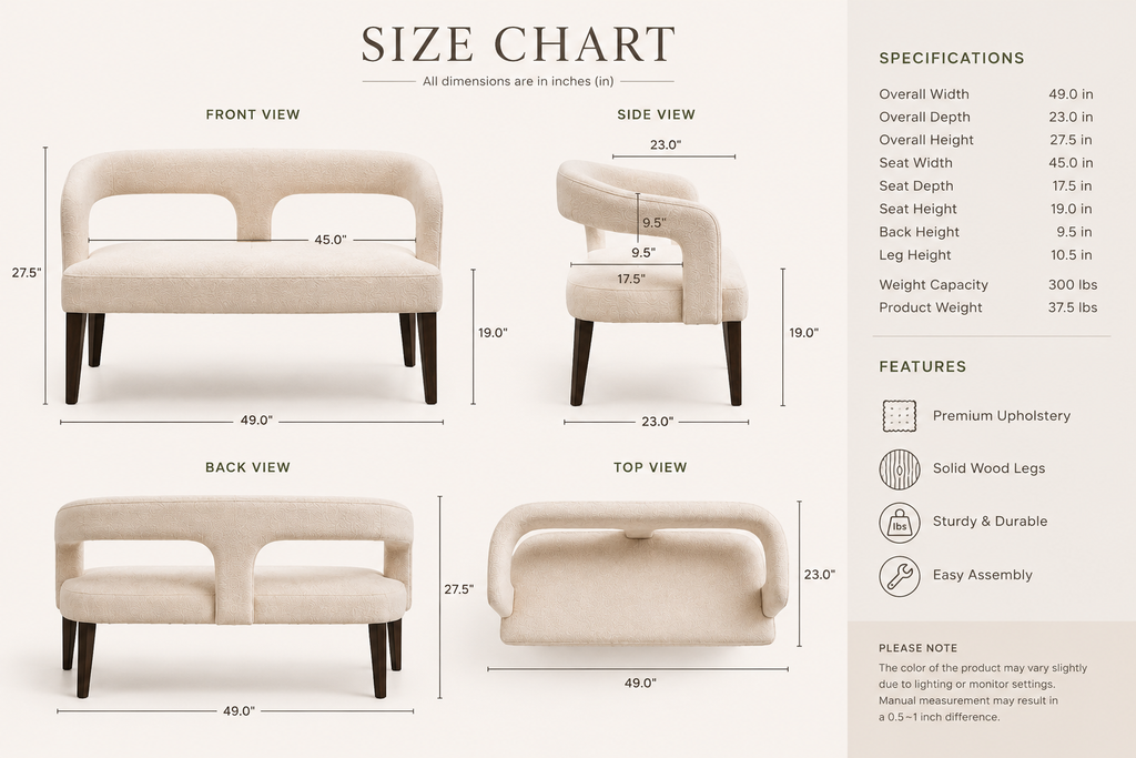 Modern Curved Accent Bench in Cream Boucle