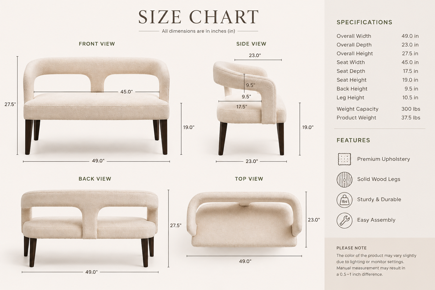 Modern Curved Accent Bench in Cream Boucle