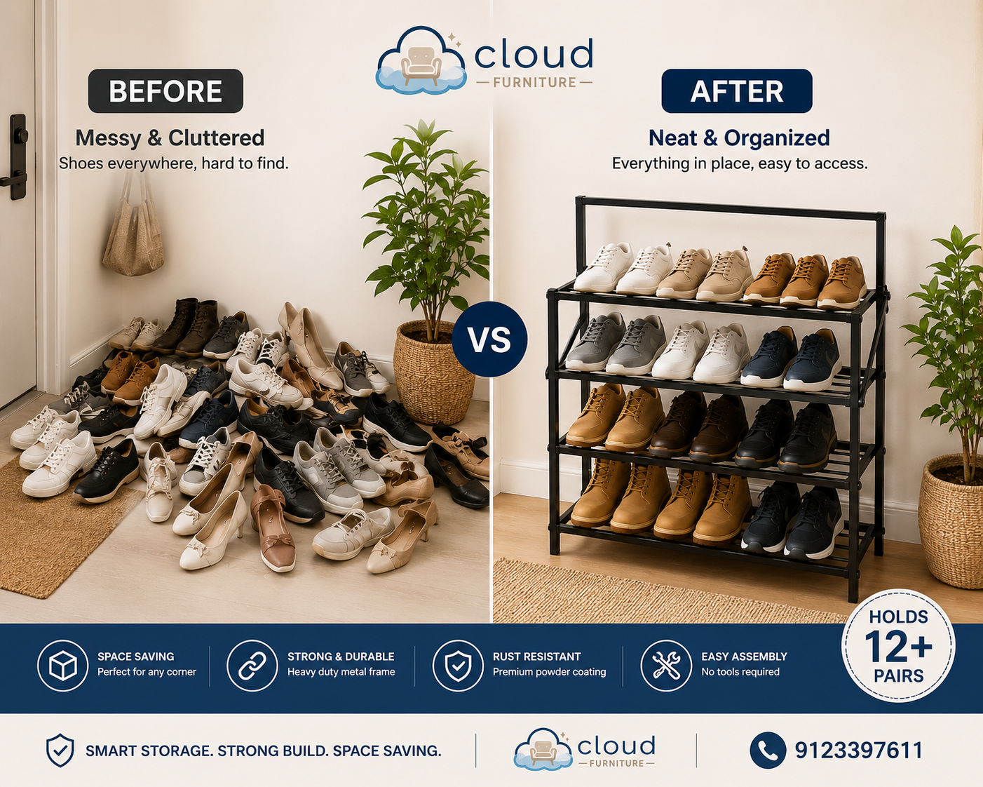 Cloud Furniture Foldable Metal Shoe Rack