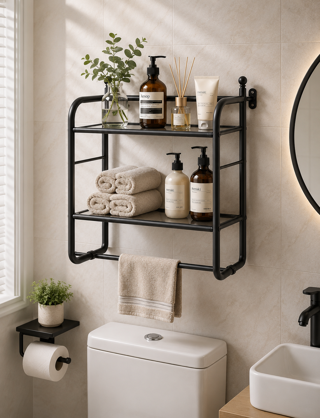 2-Tier Wall Mounted Bathroom Storage Rack | Rust-Resistant Metal Organizer Shelf with Towel Bar | Space Saving Storage for Toilet, Kitchen & Laundry