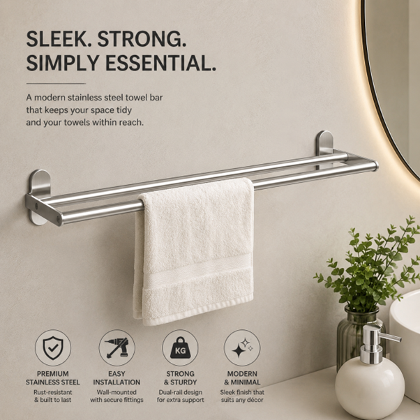 Premium 304 Stainless Steel Double Towel Rack – 60 CM Wall Mounted Bathroom Towel Holder | Rust-Proof Brushed Finish