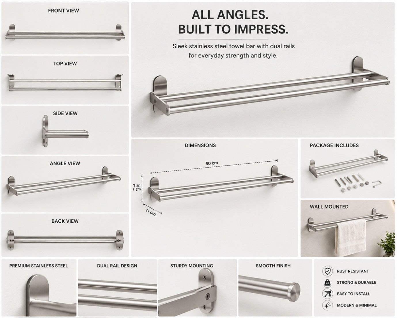 Premium 304 Stainless Steel Double Towel Rack – 60 CM Wall Mounted Bathroom Towel Holder | Rust-Proof Brushed Finish