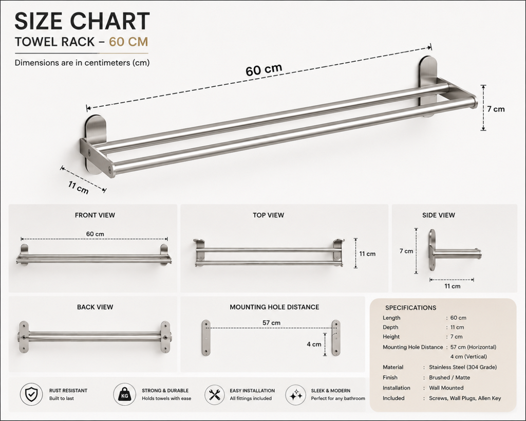 Premium 304 Stainless Steel Double Towel Rack – 60 CM Wall Mounted Bathroom Towel Holder | Rust-Proof Brushed Finish