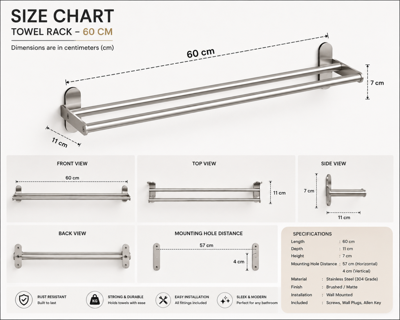 Premium 304 Stainless Steel Double Towel Rack – 60 CM Wall Mounted Bathroom Towel Holder | Rust-Proof Brushed Finish