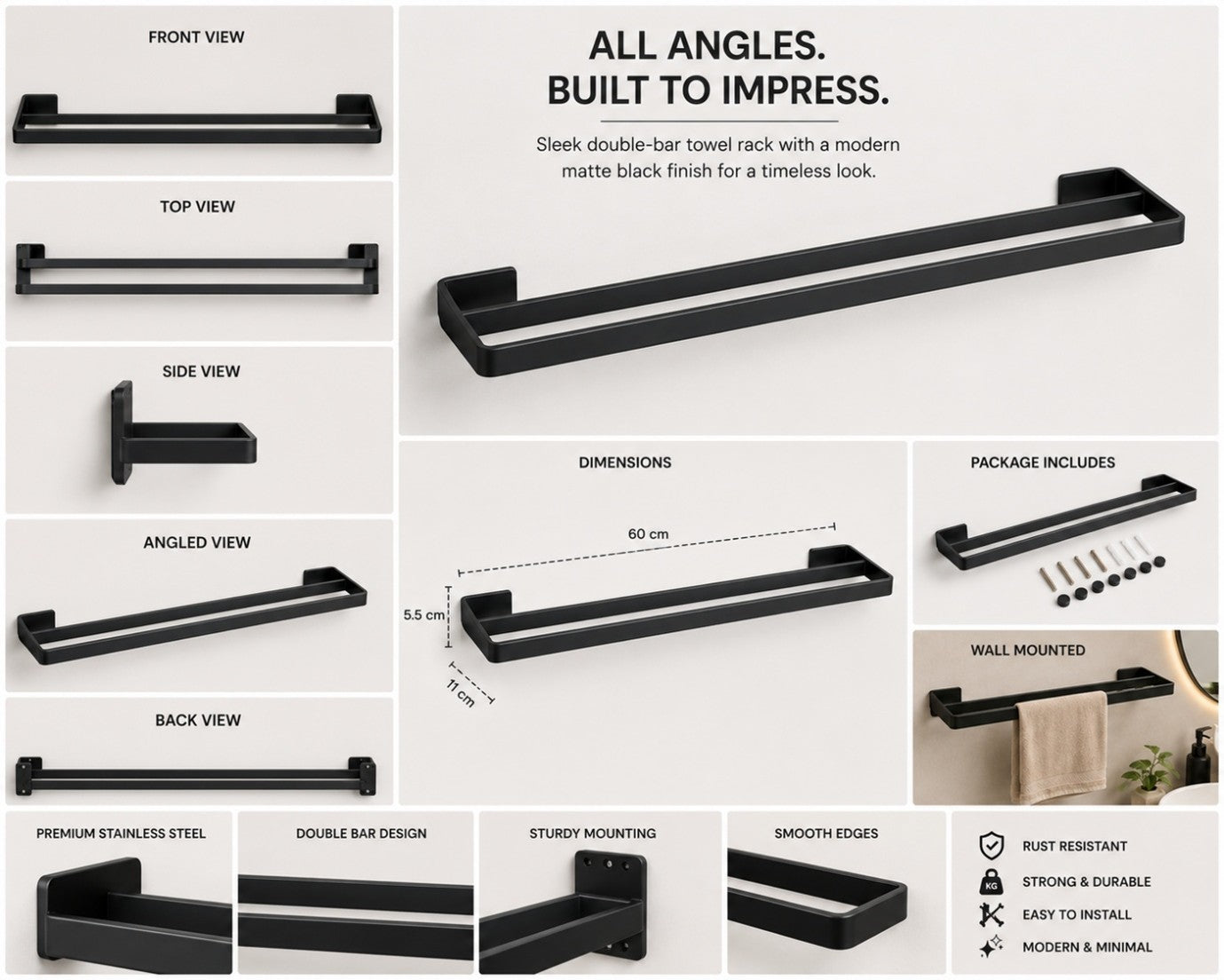 Matte Black 304 Stainless Steel Towel Rack 60 CM | Wall Mounted Bathroom Towel Holder | Rust Proof Heavy Duty Towel Bar