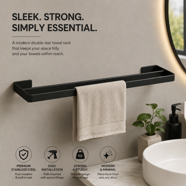 Matte Black 304 Stainless Steel Towel Rack 60 CM | Wall Mounted Bathroom Towel Holder | Rust Proof Heavy Duty Towel Bar