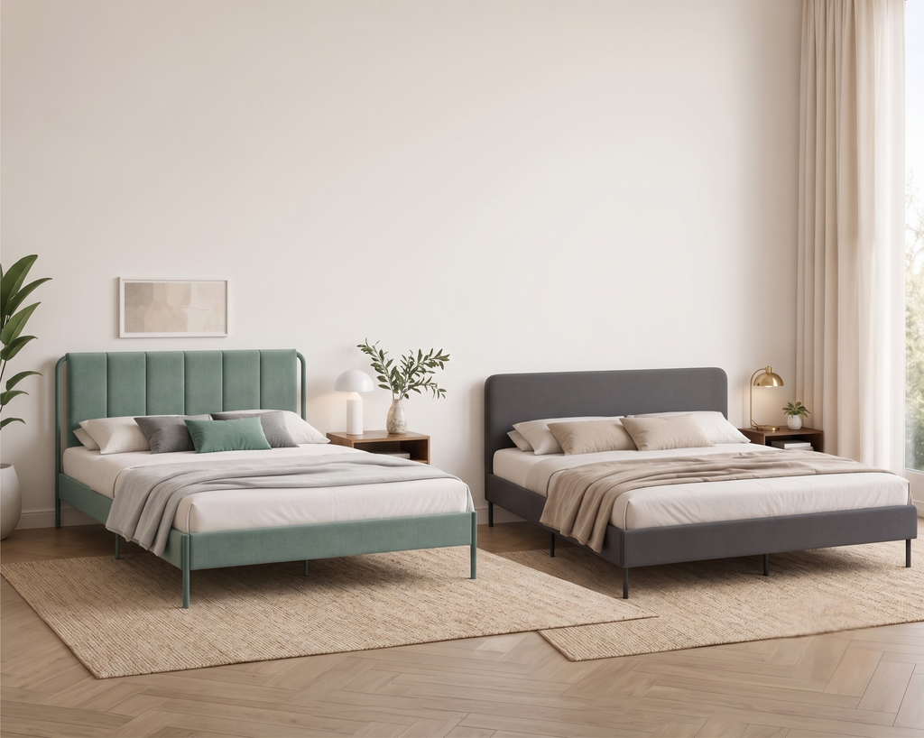 Modern Upholstered Platform Bed Frame with Padded Headboard & Steel Support | Available in 2 Elegant Designs