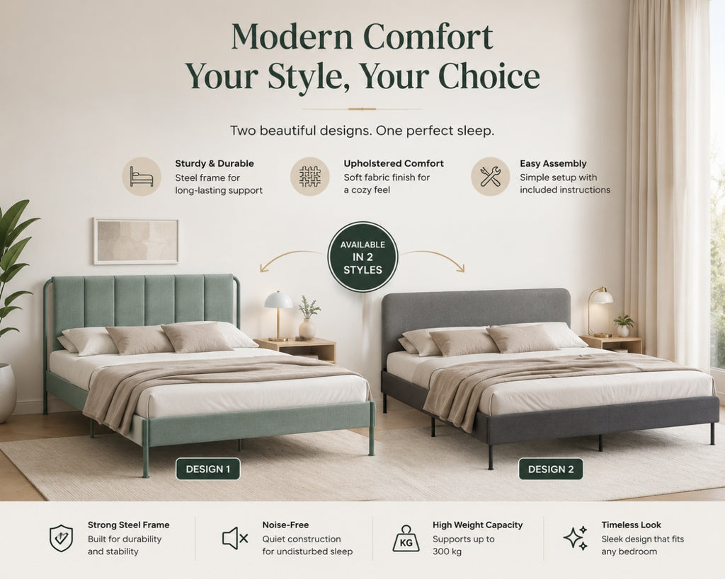 Modern Upholstered Platform Bed Frame with Padded Headboard & Steel Support | Available in 2 Elegant Designs