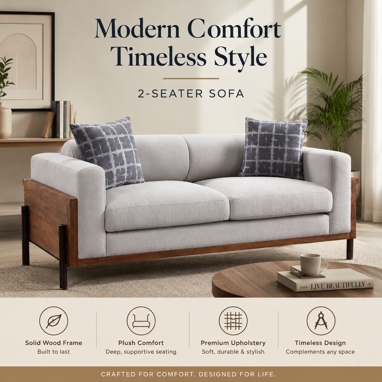 Modern Solid Wood Frame 2-Seater Fabric Sofa | Contemporary Living Room Couch
