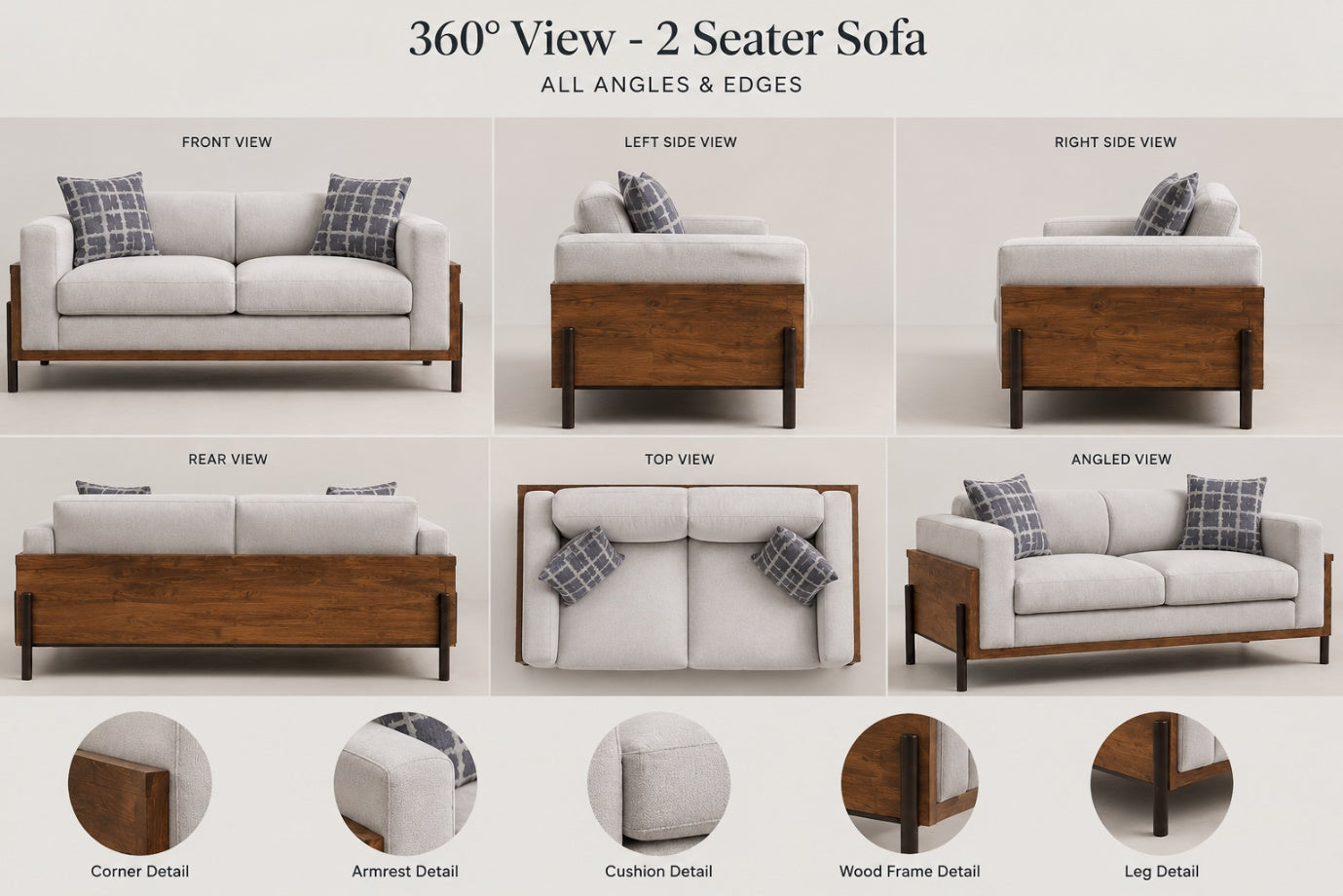 Modern Solid Wood Frame 2-Seater Fabric Sofa | Contemporary Living Room Couch
