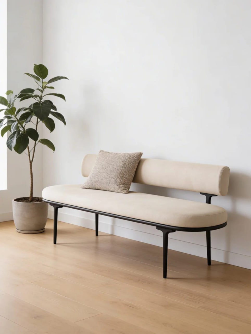 Luna Upholstered Bench with Cylindrical Backrest