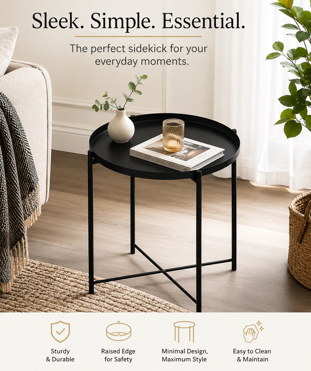 Modern Round Metal Accent Coffee Table with Removable Tray Top – Gold Finish | 45 cm