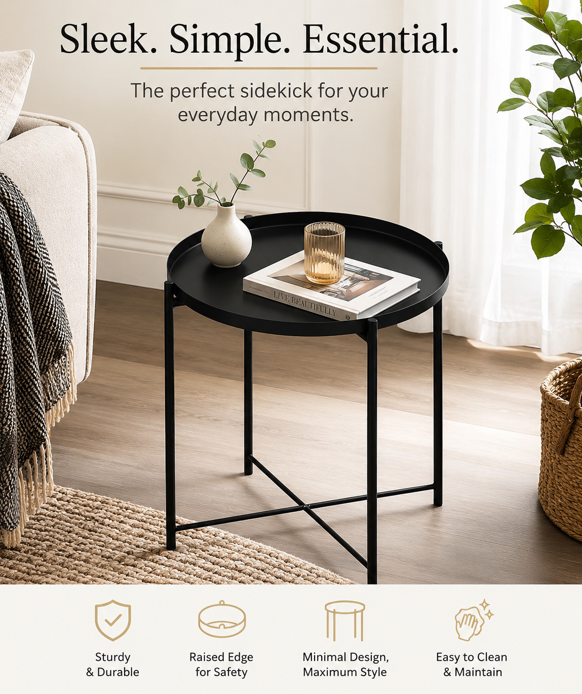 Modern Round Metal Accent Coffee Table with Removable Tray Top – Gold Finish | 45 cm