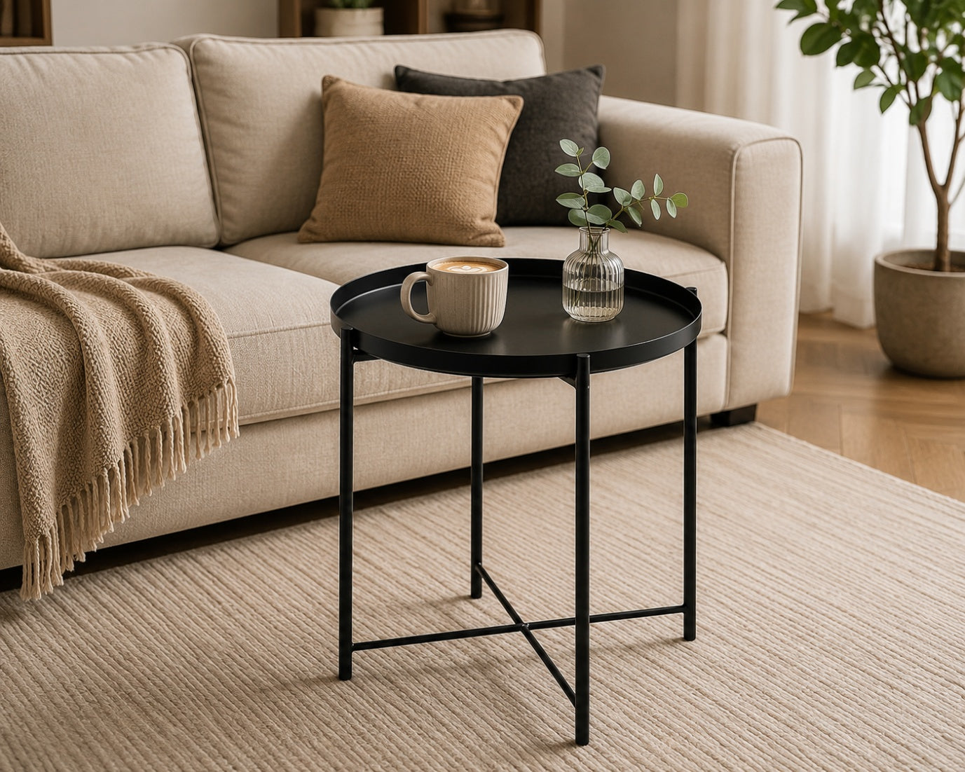 Modern Round Metal Accent Coffee Table with Removable Tray Top – Gold Finish | 45 cm