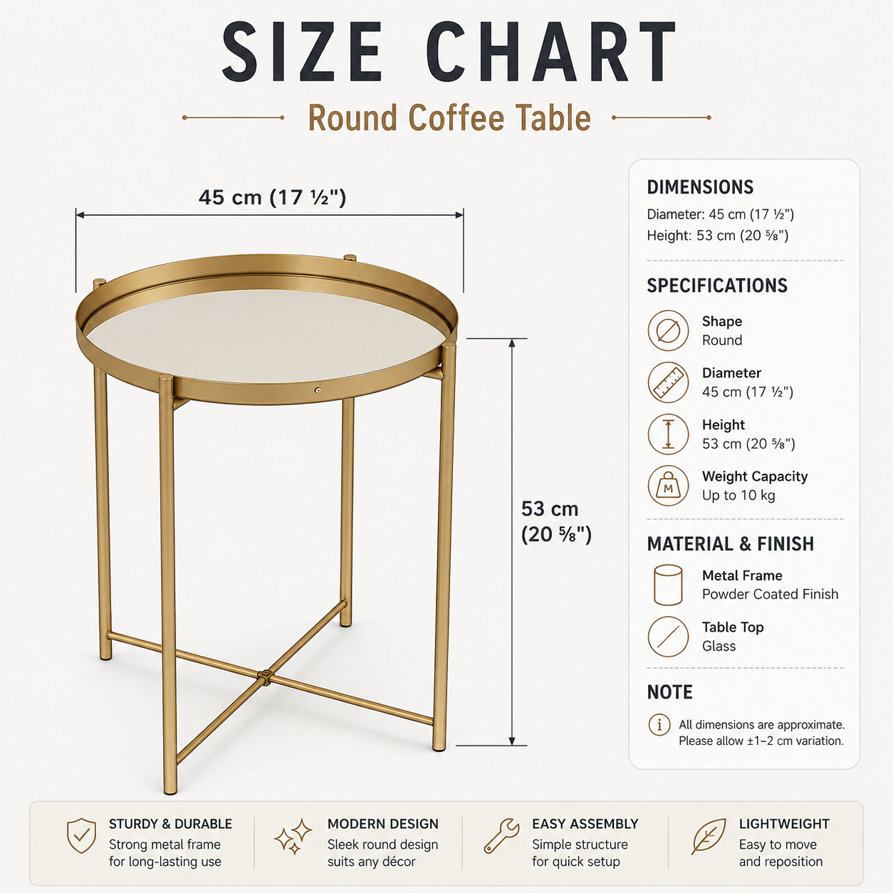 Modern Round Metal Accent Coffee Table with Removable Tray Top – Gold Finish | 45 cm