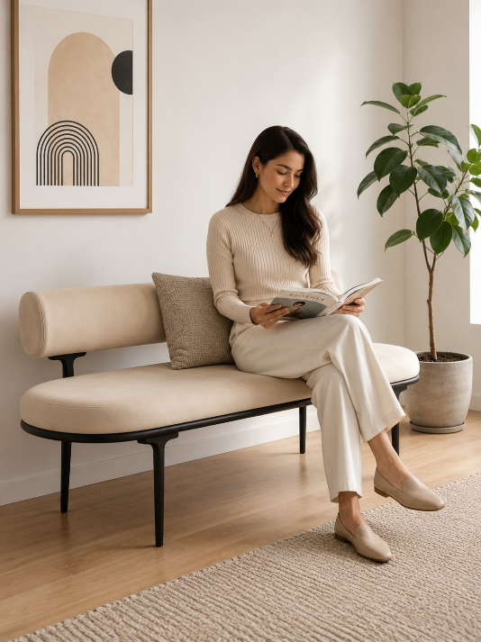 Luna Upholstered Bench with Cylindrical Backrest